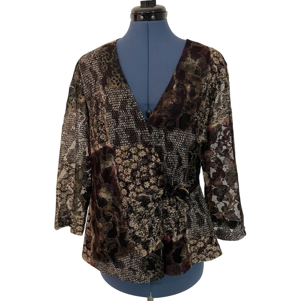 Emma James Brown‎ Animal Floral Mesh Surplice Top Forest Whimsigoth Y2K Boho 12